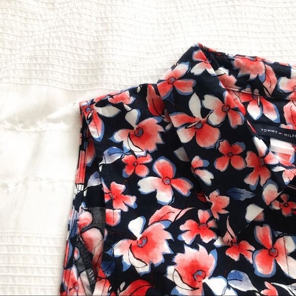 TOMMY HILFIGER NAVY CORAL FLORAL SLEEVELESS SHIRT BELTED FIT & FLARE MIDI - 10 - Picture 7 of 12